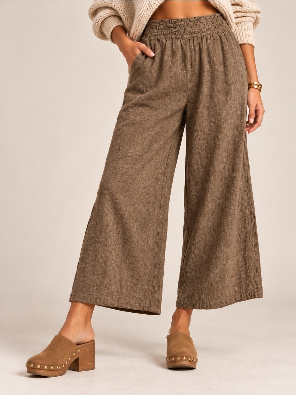 By Anthropologie M Brown Linen Blend Wide Leg Cropped Pants